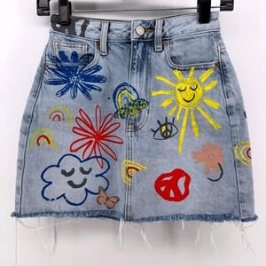 PacSun Sz 24 Light Wash Denim A Line Mini Jean Skirt Grafitti Sun Peace Flower